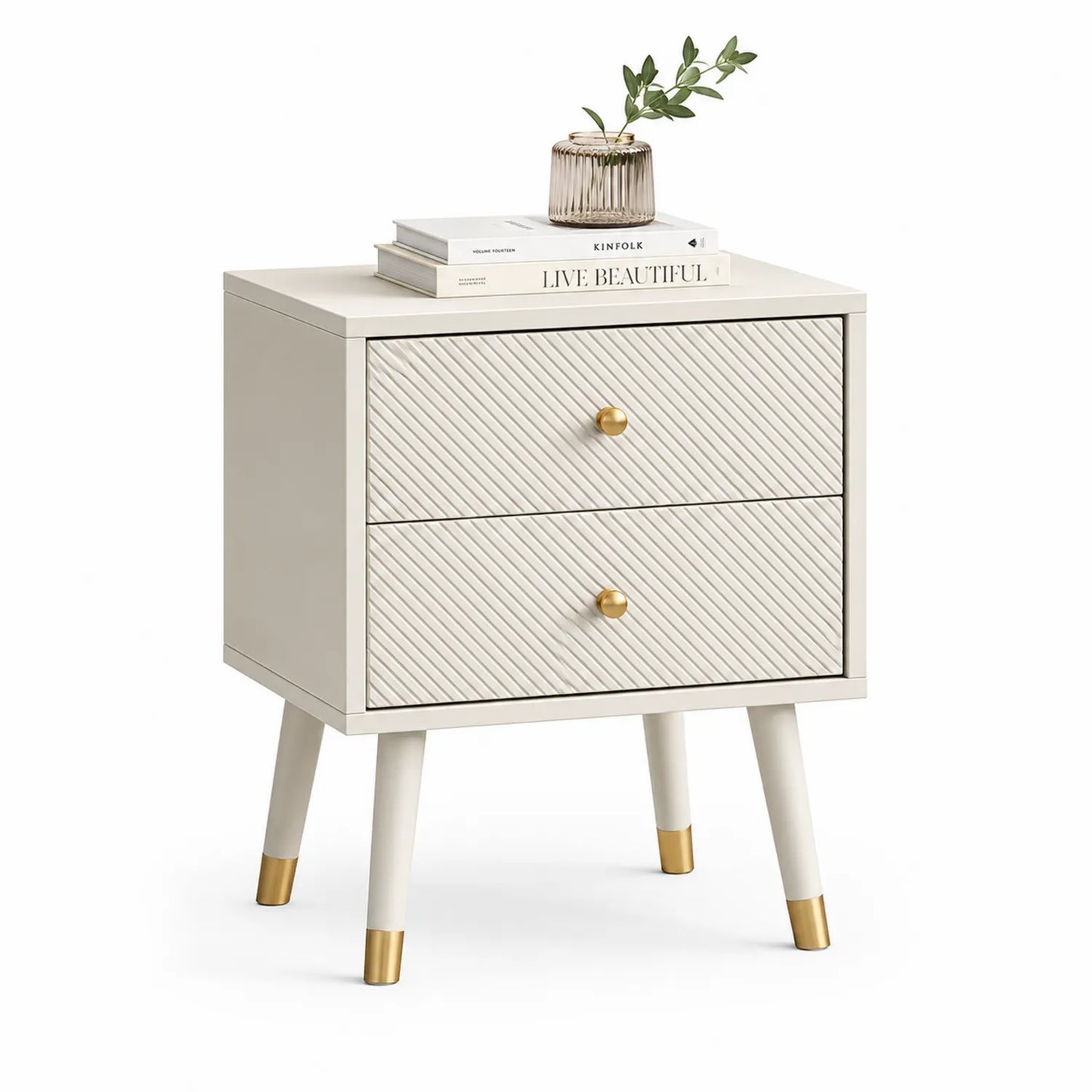Szafka nocna 2 szuflady 50 x 40 x 55 cm MDF płyta laminowana drewno beżowa biała złote uchwyty skośne nogi