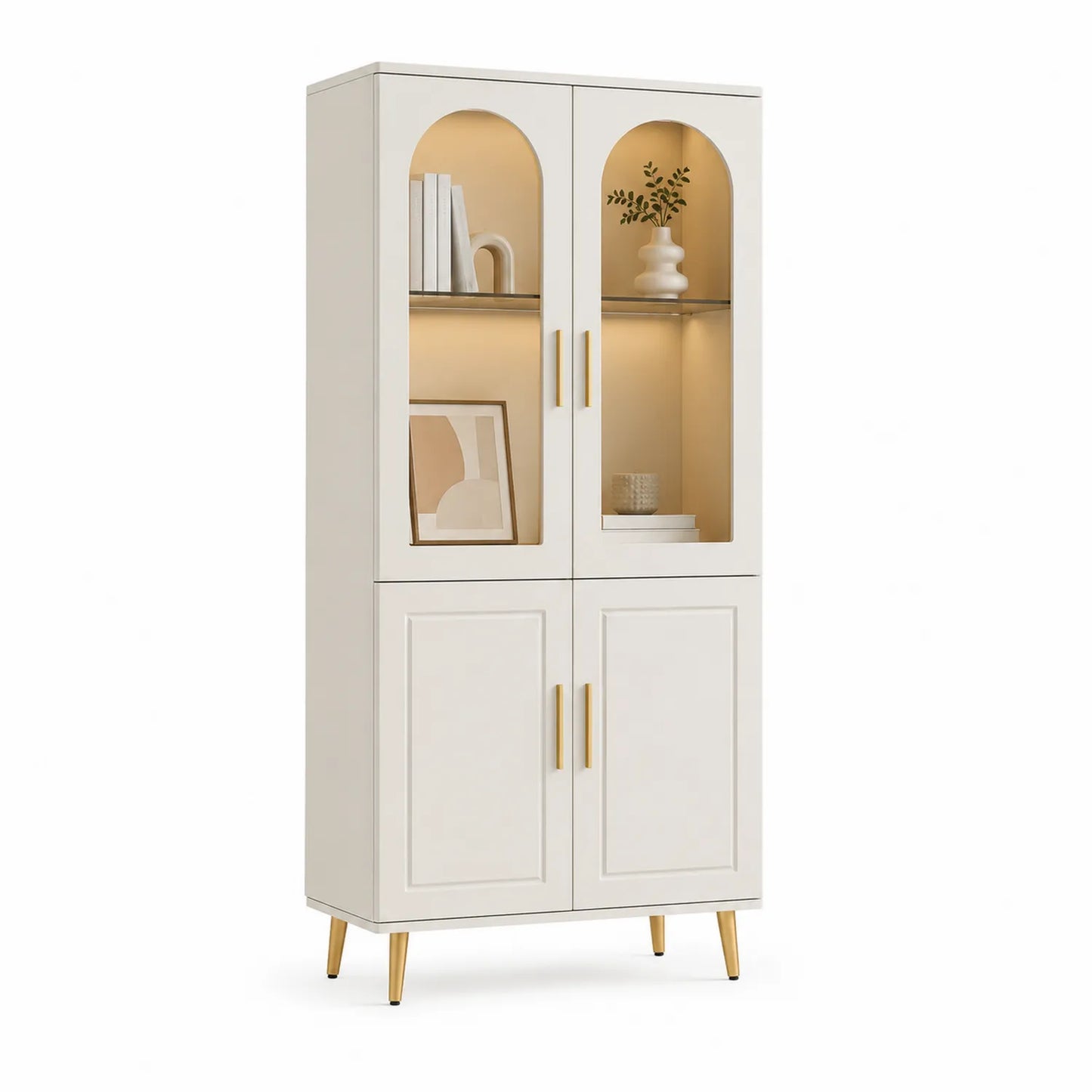 Kredens witryna do jadalni 80 x 35 x 180 cm płyta MDF szkło hartowane biały złote nogi oświetlenie LED