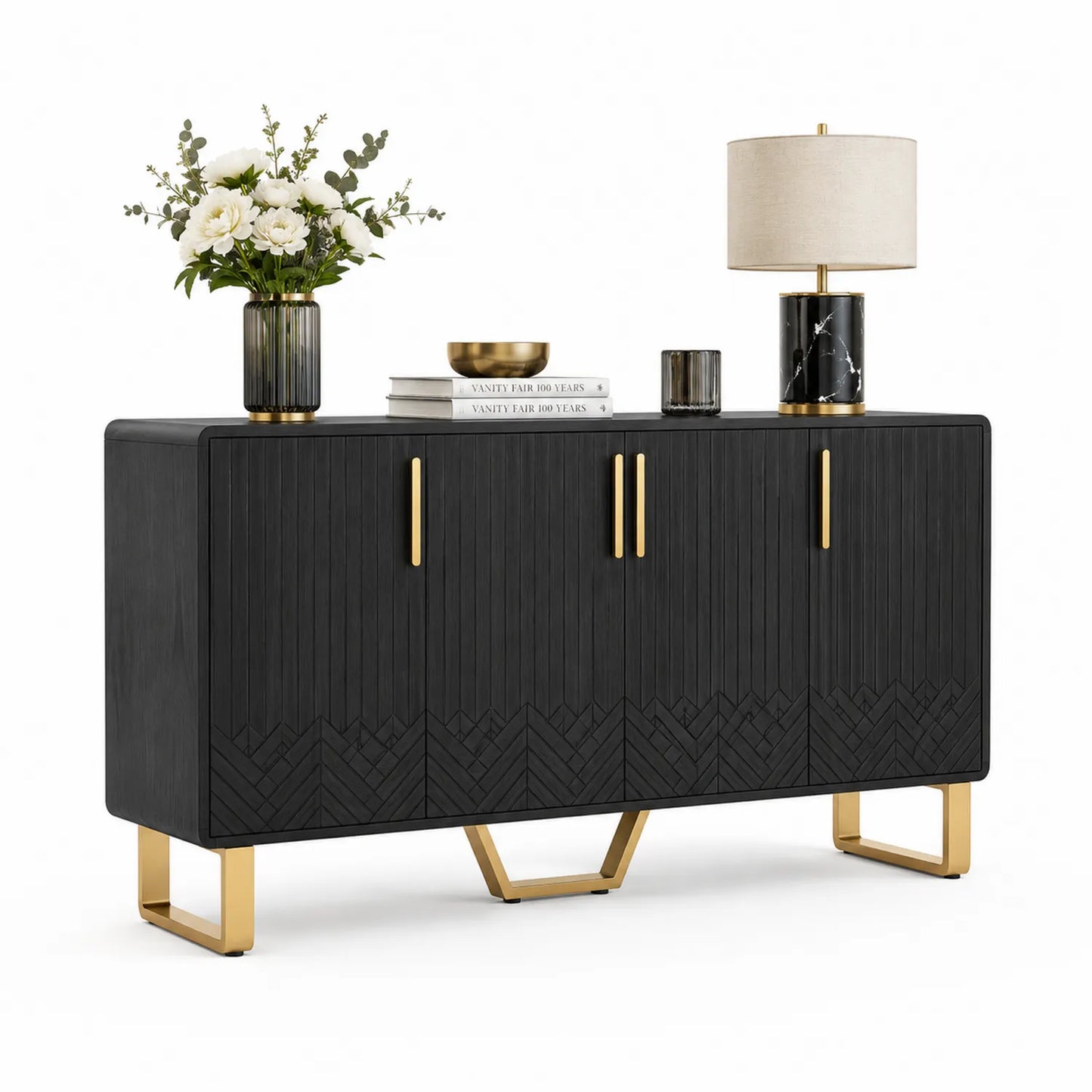 Kredens do jadalni czarny ryflowany 150 cm x 40 cm x 85 cm MDF złote metalowe nogi i uchwyty