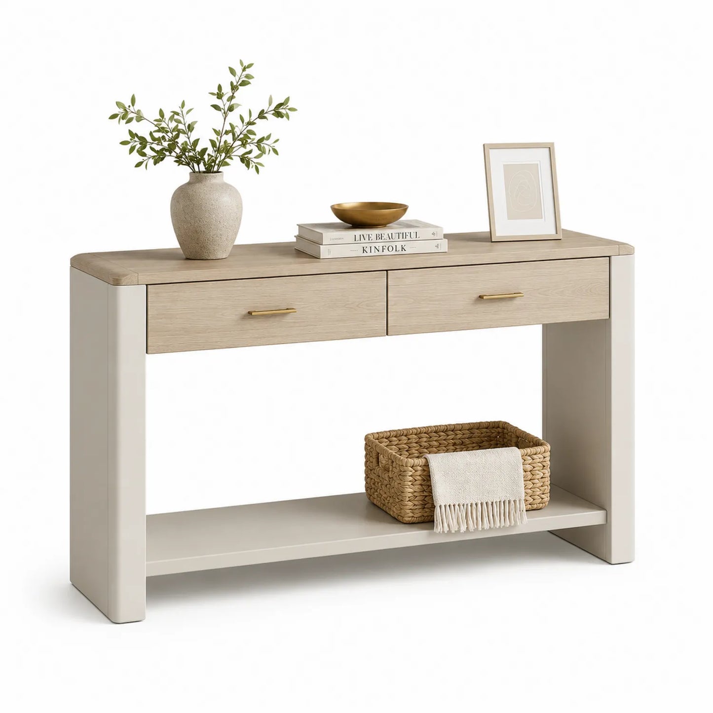 Konsola stojąca prostokątna 120 x 40 x 80 cm z laminowanej płyty MDF jasny dąb beżowa złote uchwyty 2 szuflady