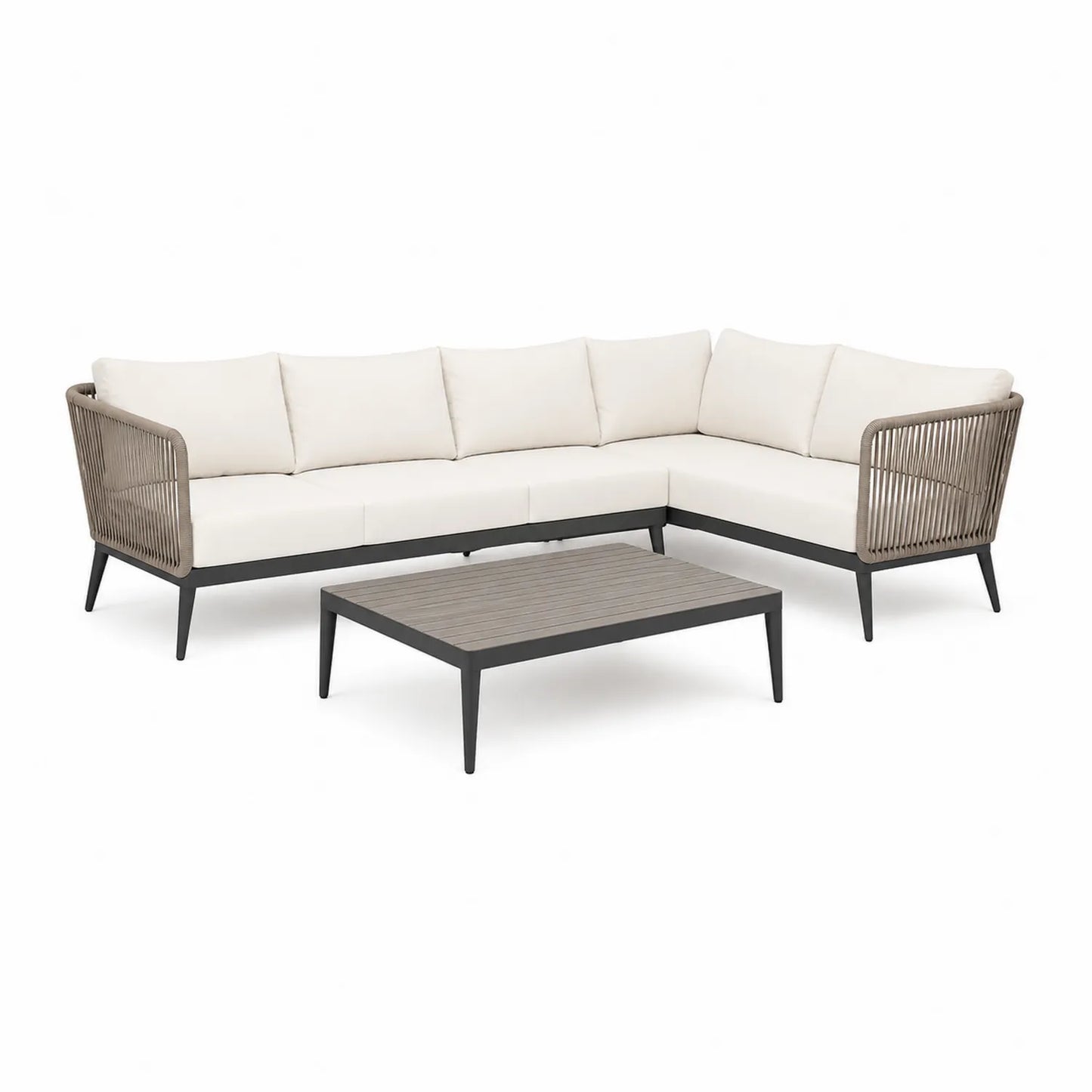 Zestaw mebli ogrodowych sofa narożna ze stolikiem 250 x 180 x 70 cm stal ciemnoszara lina poliestrowa beżowe poduszki