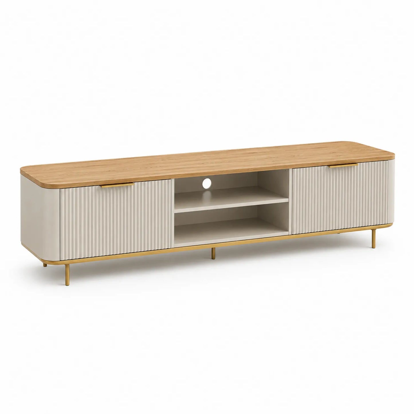 szafka RTV 180 cm x 40 cm x 50 cm MDF kremowa dekor dębu prostokątna złote metalowe nogi