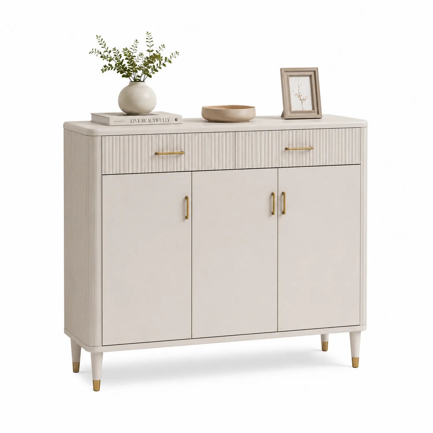 Szafka na buty stojąca prostokątna 130 x 40 x 85 cm z płyty MDF kremowa złote uchwyty 2 szuflady 3 drzwi