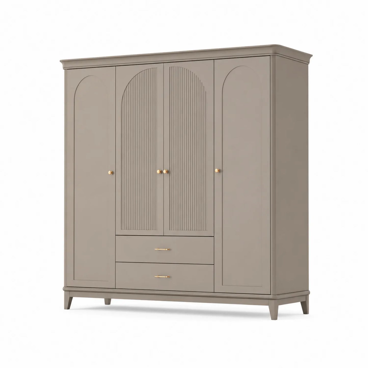 Szafa 200x200x55 cm MDF beżowa taupe 4 drzwi 2 szuflady złote uchwyty fronty ryflowane