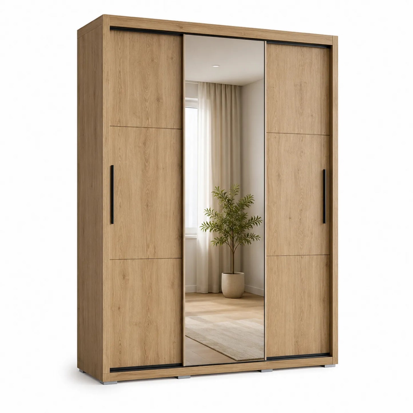 Szafa przesuwna z lustrem 180 cm x 60 cm x 200 cm płyta wiórowa laminowana prostokątna dąb naturalny czarne prowadnice