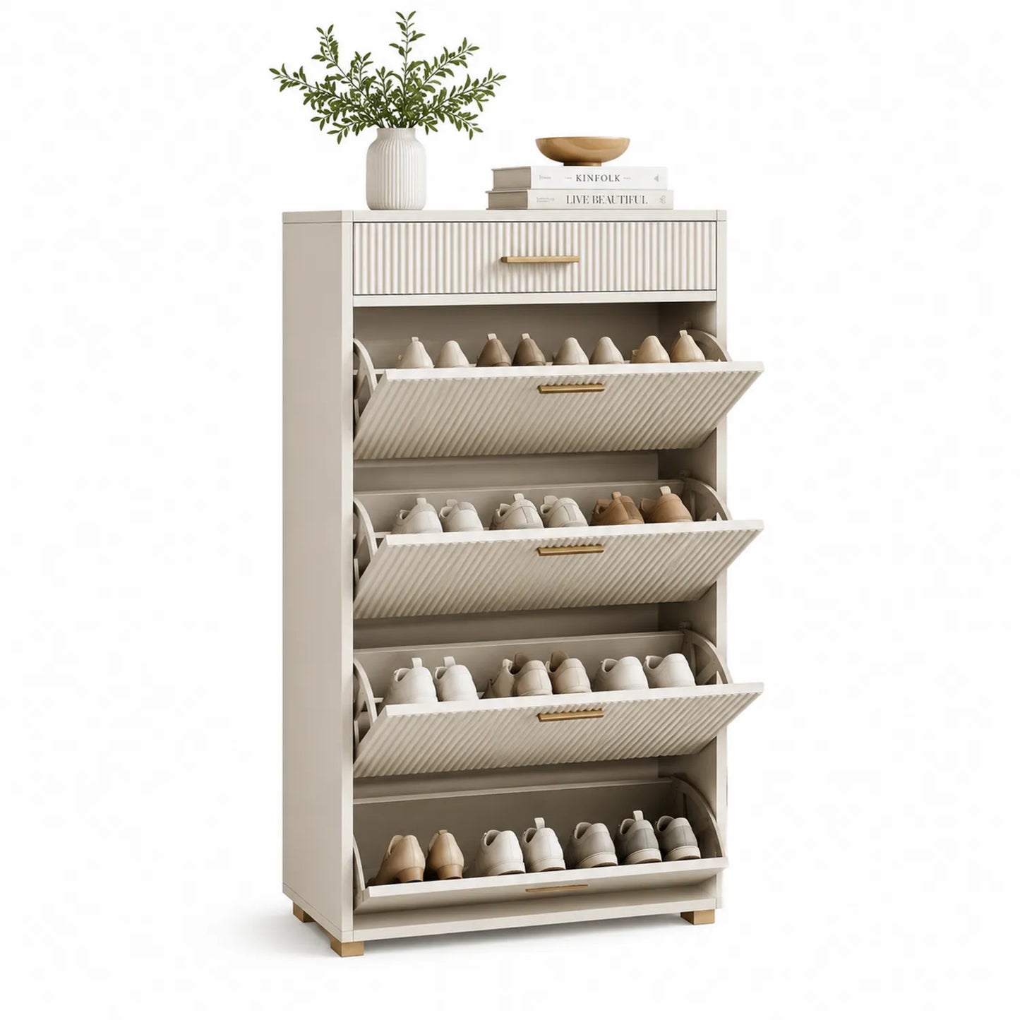 Szafka na buty stojąca prostokątna 60 x 24 x 120 cm z laminowanej płyty MDF kremowa złote uchwyty 4 uchylne przegrody