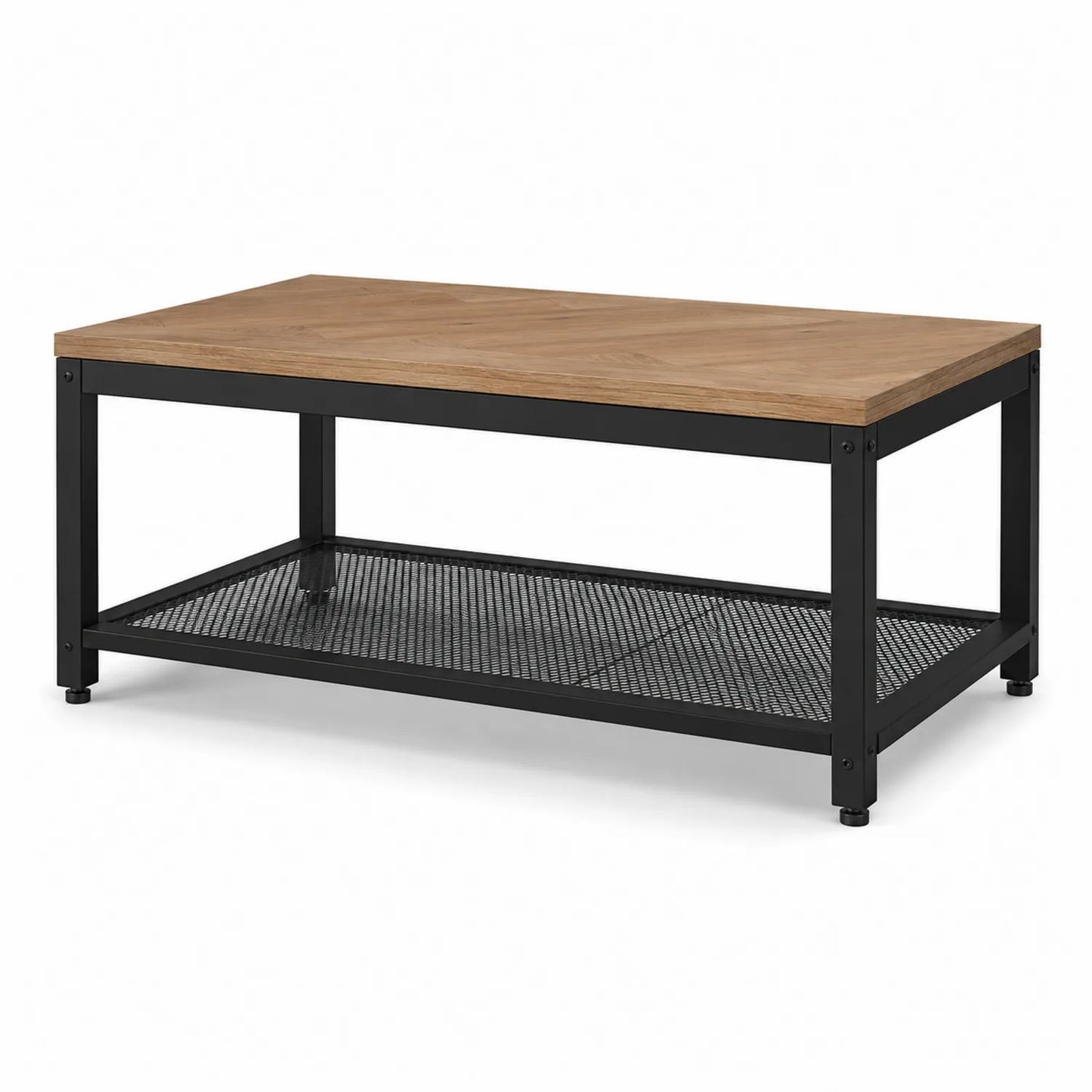 Stolik kawowy prostokątny 100x50x45 cm blat drewniany rama metalowa czarna półka siatkowa dąb/czarny