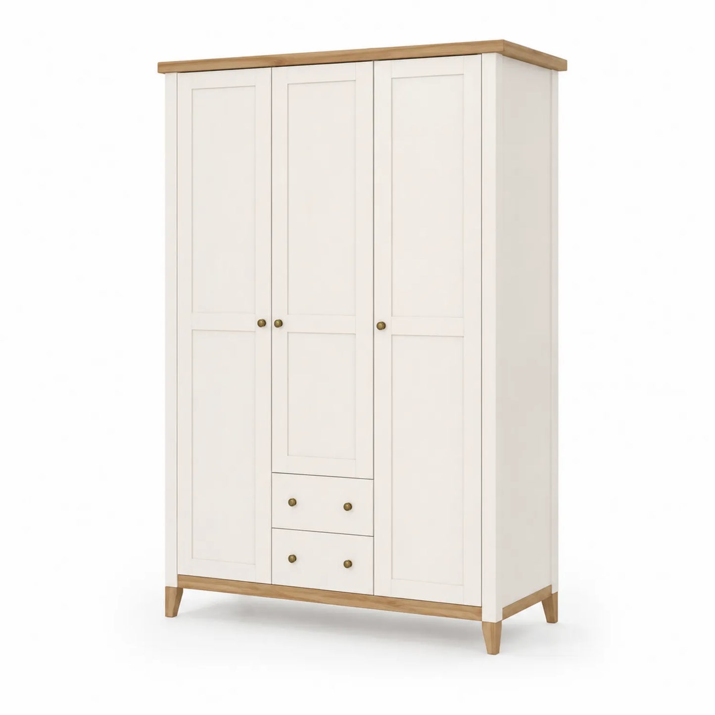 Szafa trzydrzwiowa 180 x 55 x 200 cm MDF płyta laminowana biały dekor dąb naturalny 2 szuflady złote uchwyty drewniane nogi