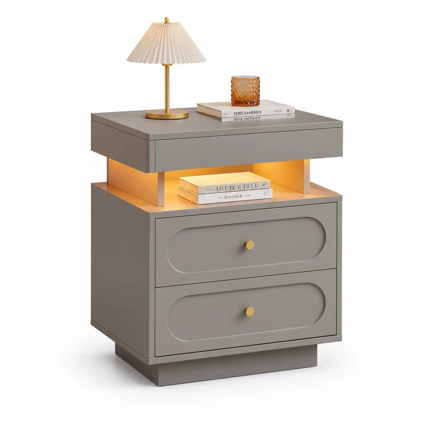Szafka nocna LED 60x40x55 cm szara MDF płyta wiórowa laminowana złote uchwyty oświetlenie LED ciepłe światło