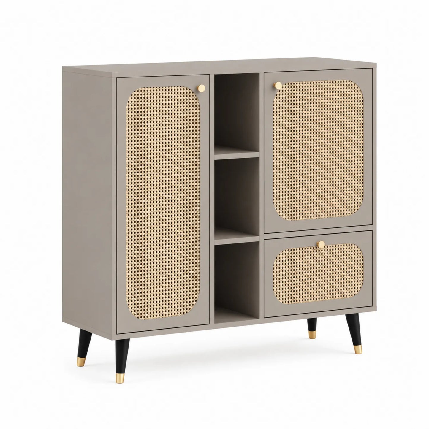 Kredens bufetowy prostokątny 120 x 40 x 90 cm z płyty wiórowej i MDF z plecionką PE szarobeżowy