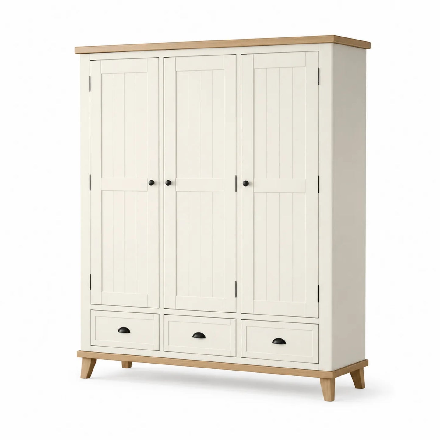 Szafa trzydrzwiowa 150x200x55 cm MDF kremowa dąb naturalny z 3 szufladami czarne uchwyty