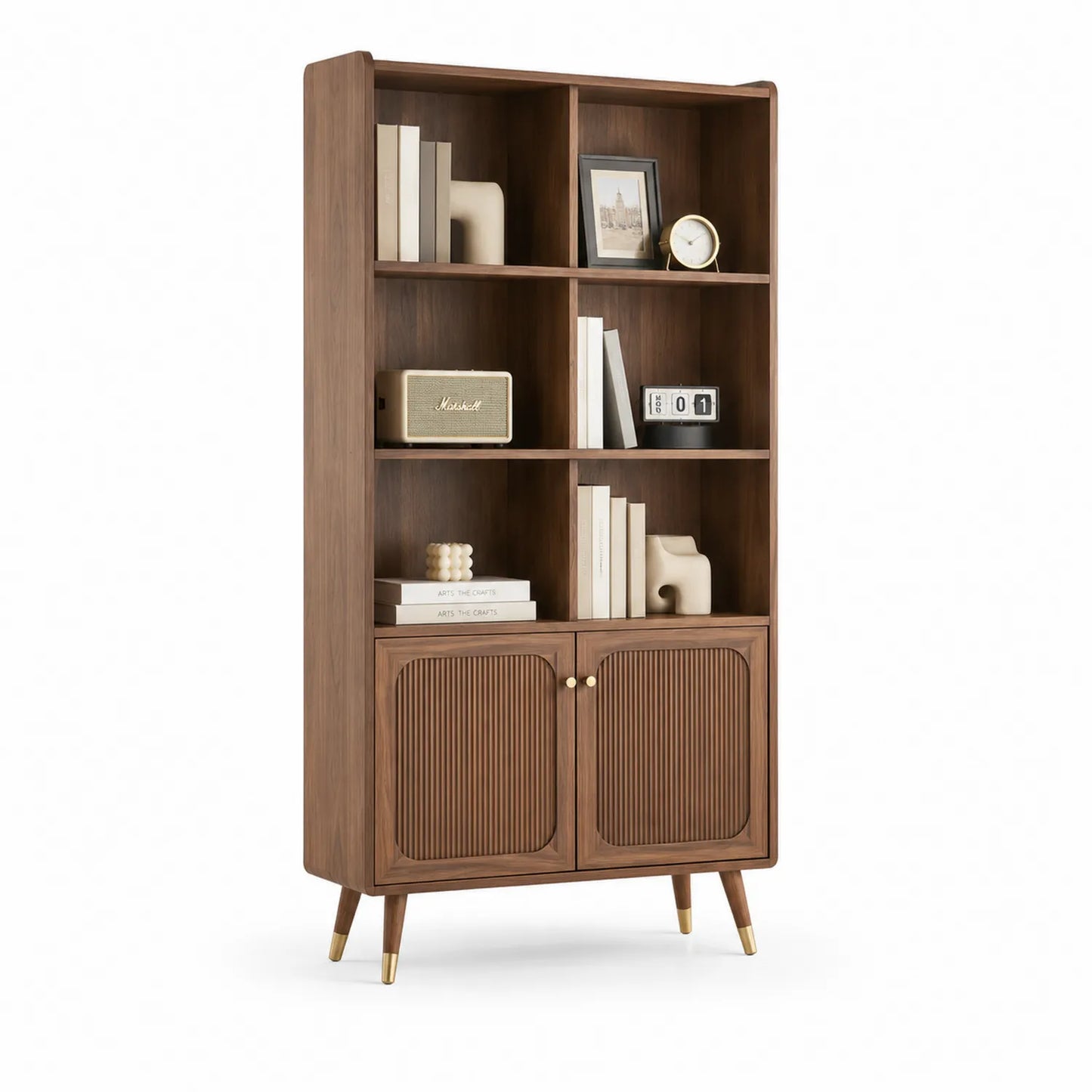 Regał z szafką 80 x 35 x 180 cm MDF dekor orzechowy brązowy złote nogi 2 drzwi 3 półki