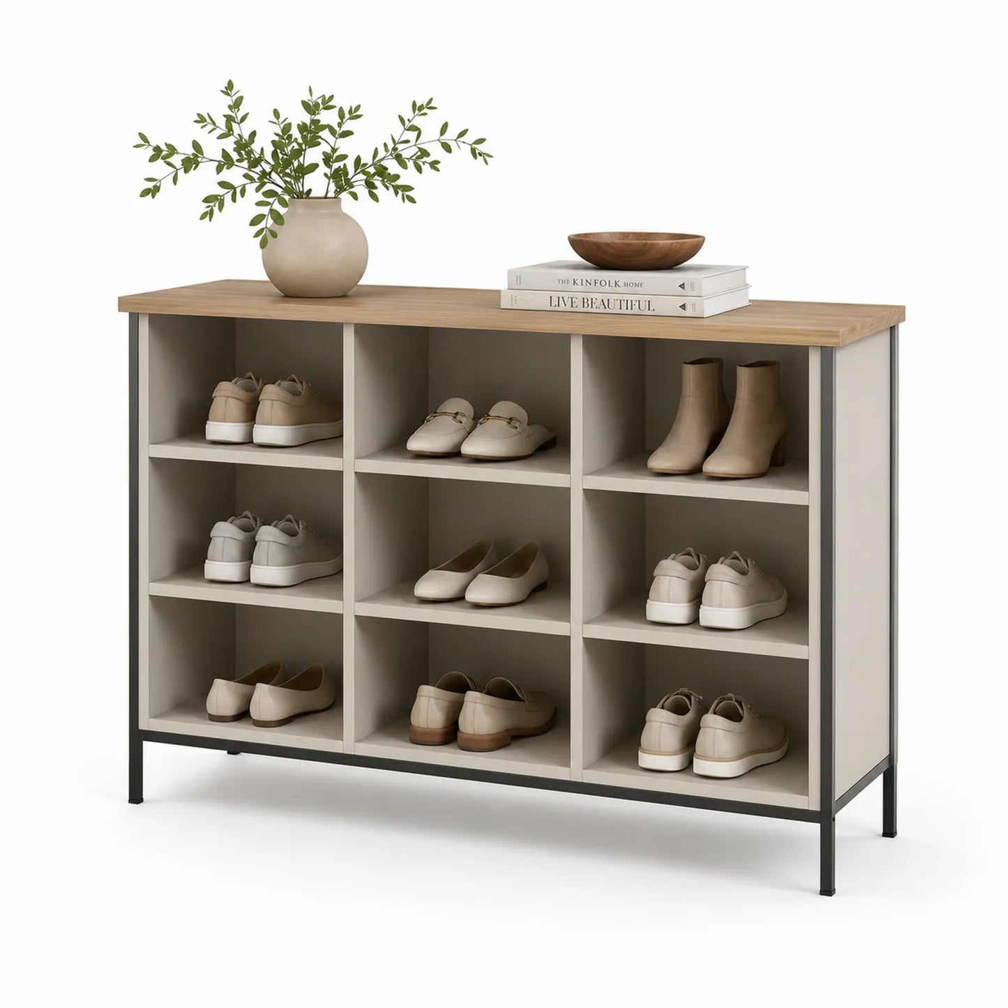 Szafka na buty 120 cm x 35 cm x 80 cm MDF laminowany 9 przegród otwarta czarna metalowa rama dąb naturalny