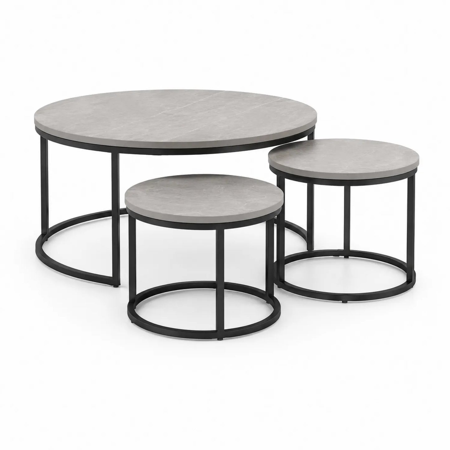 Zestaw stolików kawowych 3 sztuki okrągłe 80x80x45 cm 60x60x40 cm 45x45x35 cm MDF blat efekt marmuru szary czarna metalowa konstrukcja