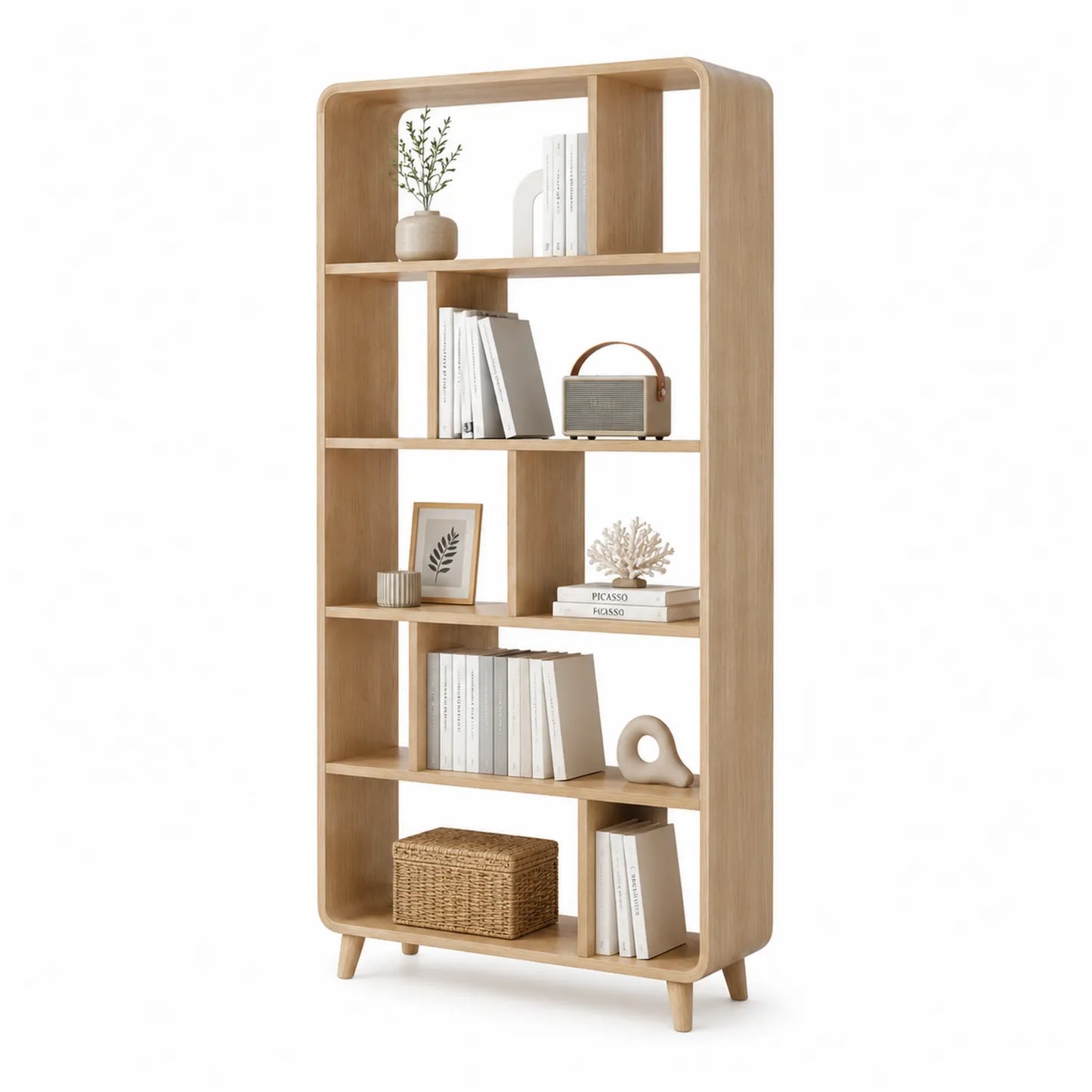 Regał stojący 180x80x30 cm dąb naturalny MDF 5 półek zaokrąglone krawędzie