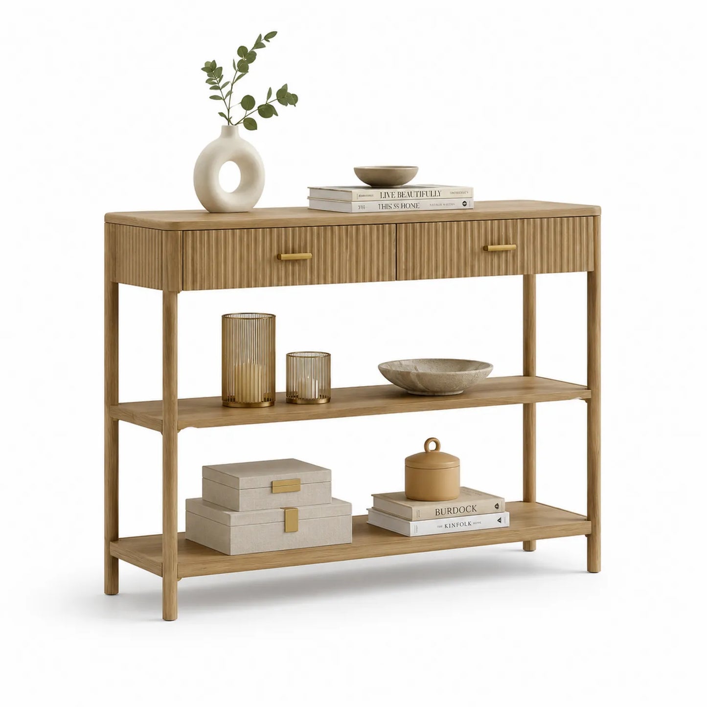 Konsola do przedpokoju 120 x 35 x 80 cm MDF dekor dąb naturalny ryflowane fronty 2 szuflady złote uchwyty półka dolna