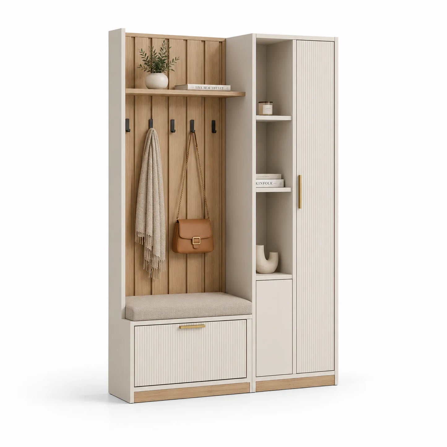 Szafka do przedpokoju z wieszakiem i siedziskiem 160 cm x 40 cm x 200 cm MDF laminowany beżowy biały dąb naturalny szafa boczna i haczyki