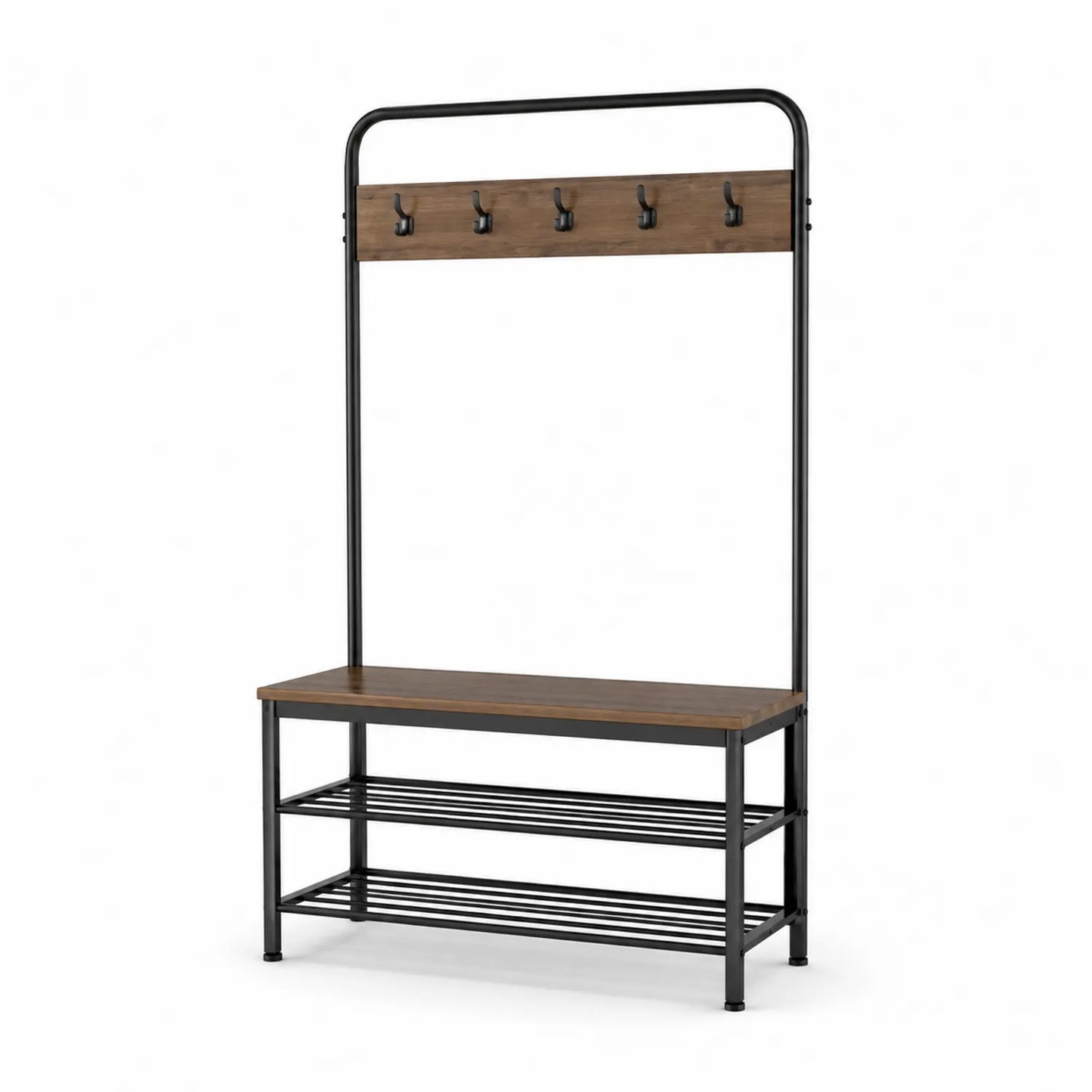 Wieszak stojący z ławką i półkami na buty prostokątny 100 x 40 x 170 cm stal czarna MDF orzechowy 5 haczyków