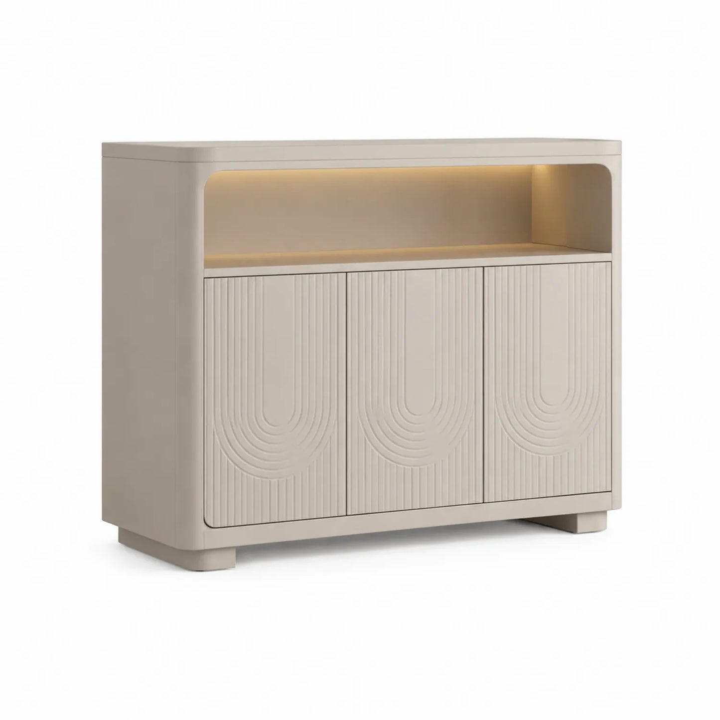 Kredens do jadalni 120 cm x 40 cm x 85 cm beżowy ryflowany MDF z oświetleniem LED 3 drzwi