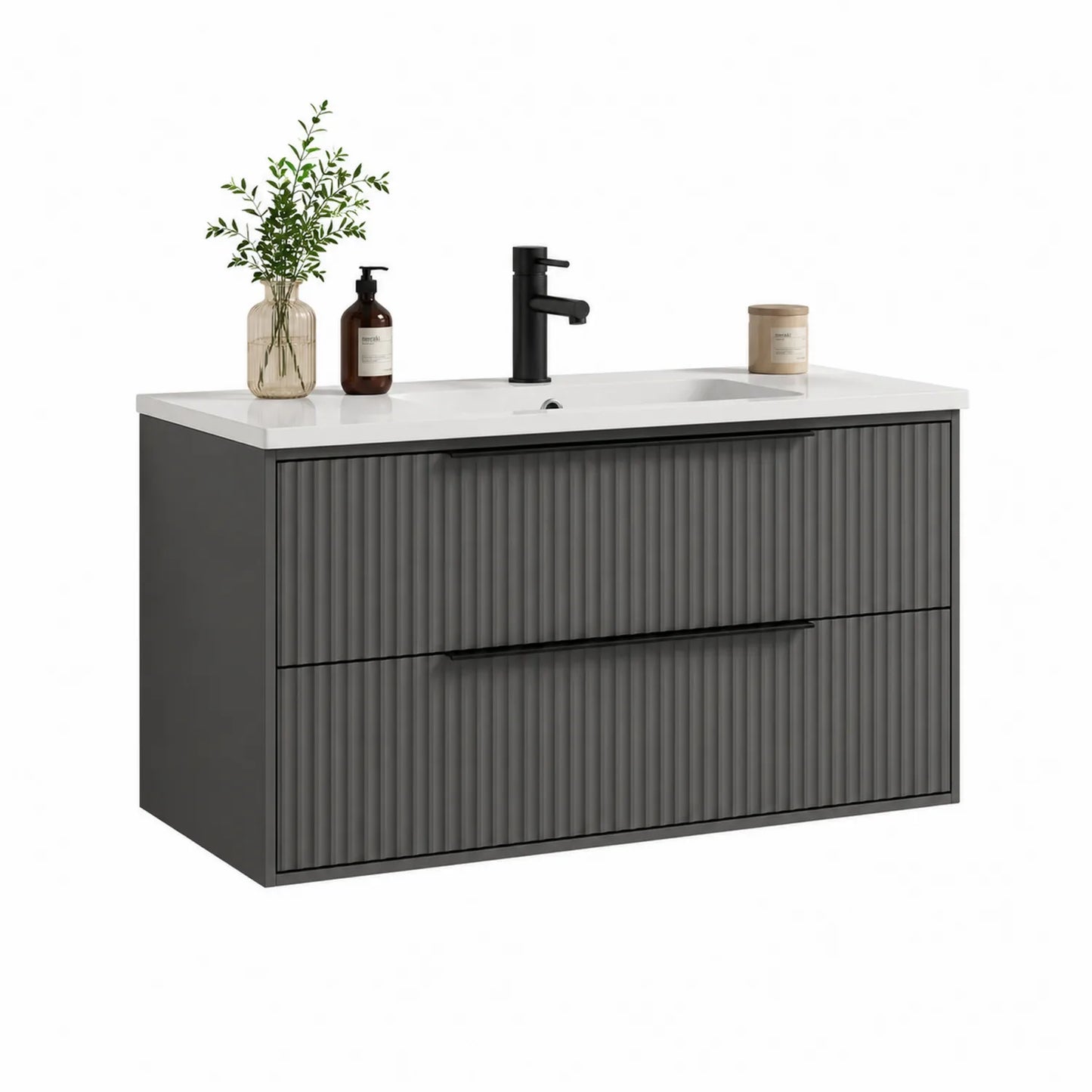 Szafka pod umywalkę wisząca 80 cm x 46 cm x 50 cm MDF ryflowana szara blat biały umywalka ceramiczna bateria czarna 2 szuflady