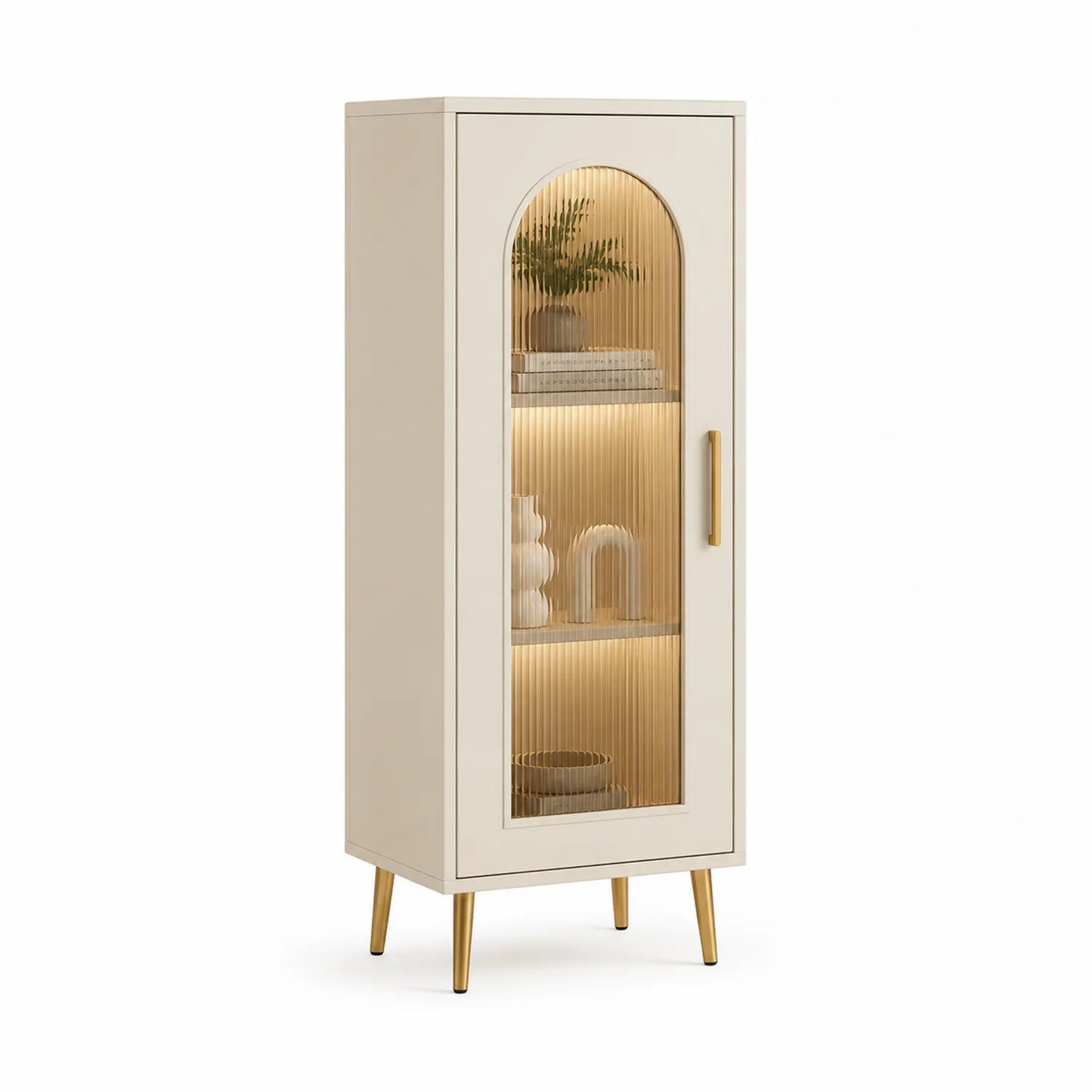 Kredens do jadalni 60 cm x 40 cm x 170 cm beżowy MDF ryflowane szkło hartowane drzwi łukowe LED złote metalowe nogi