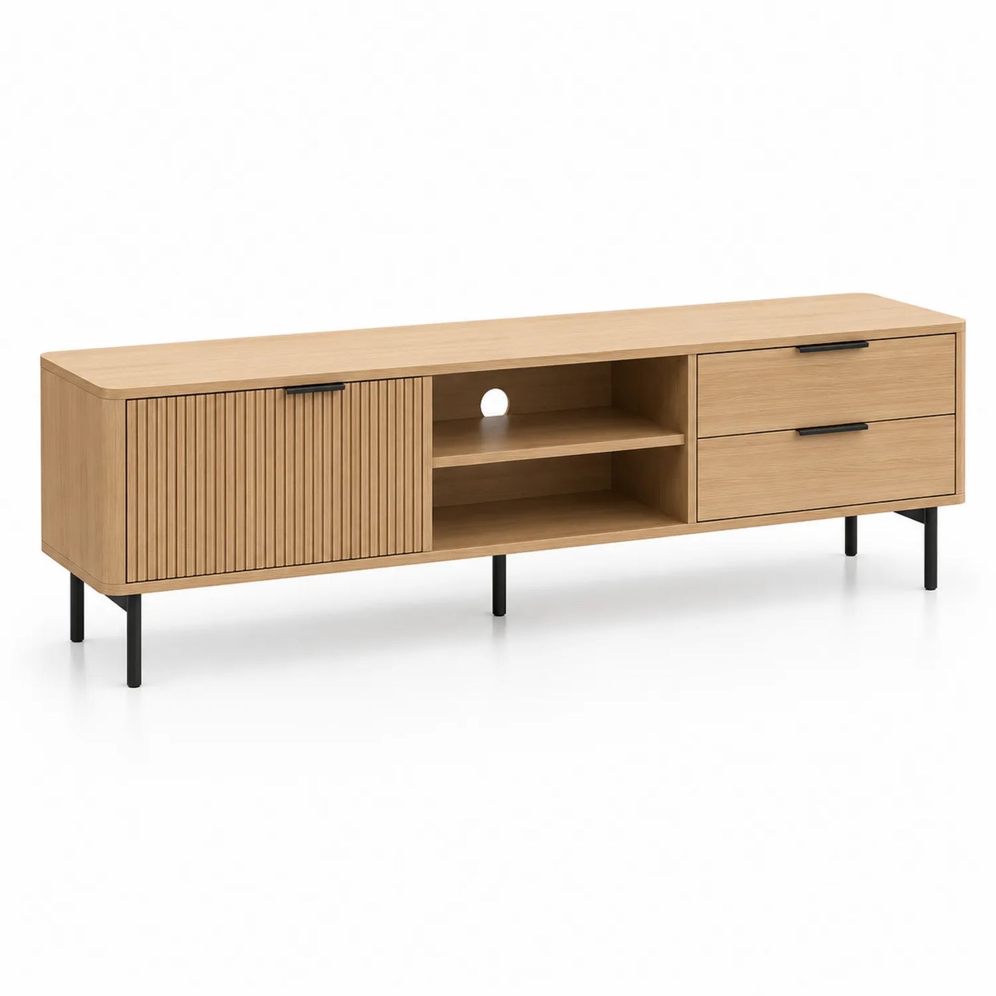 Szafka RTV 180 cm x 40 cm x 50 cm płyta wiórowa laminowana prostokątna dąb naturalny z ryflowanymi drzwiami i szufladami