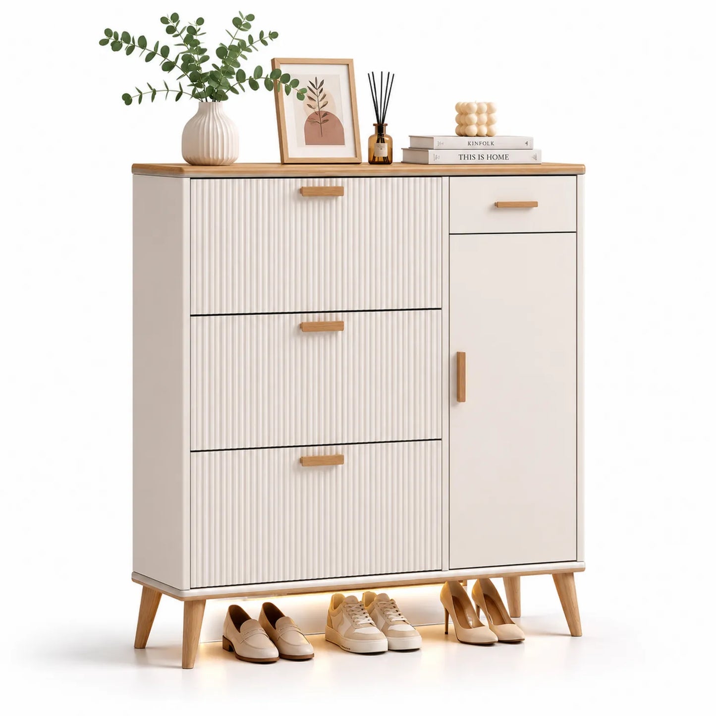 Szafka na buty około 100 cm x 35 cm x 120 cm MDF beżowy dąb blat drewniany złote uchwyty 3 szuflady uchylne i szafka boczna