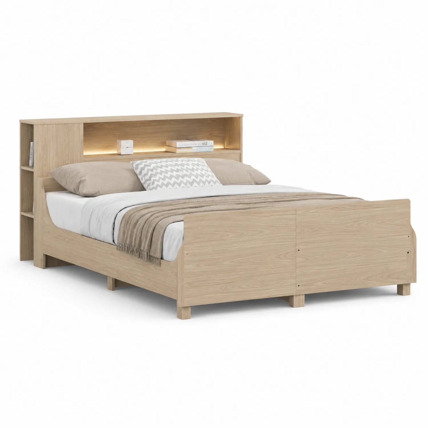 Łóżko drewniane 160 cm x 200 cm płyta MDF i płyta wiórowa prostokątne naturalne drewno z regałem i LED