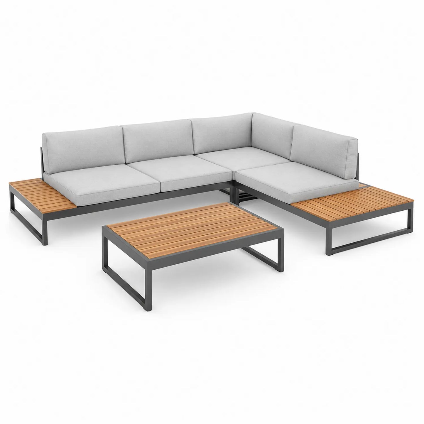 Zestaw mebli ogrodowych sofa narożna L 240 cm x 170 cm x 70 cm aluminium technorattan drewno akacjowe szary jasnoszary naturalne drewno stolik kawowy 90 cm x 60 cm x 40 cm