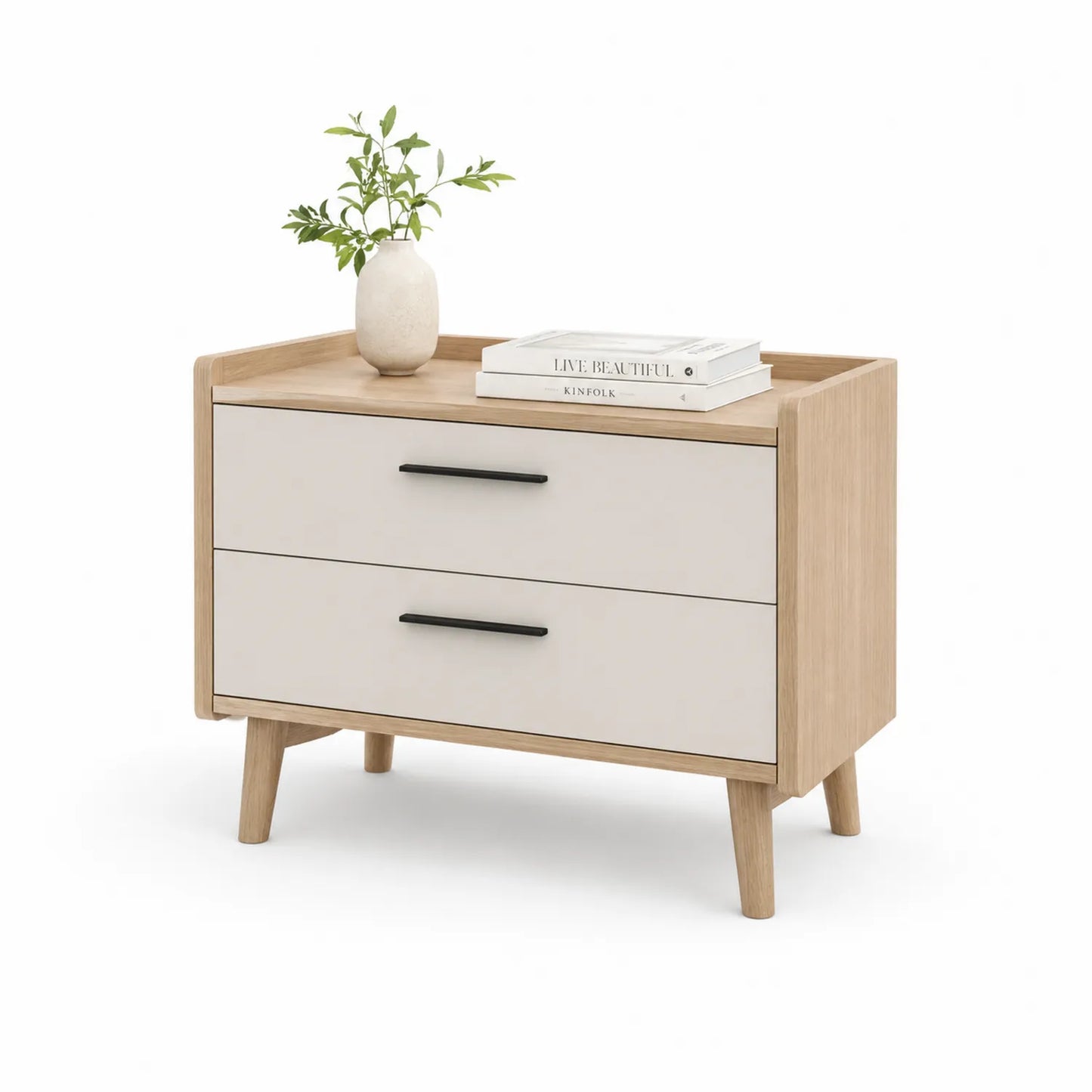 Szafka nocna 50 cm x 40 cm x 55 cm płyta wiórowa laminowana MDF prostokątna dąb naturalny kremowy czarne uchwyty