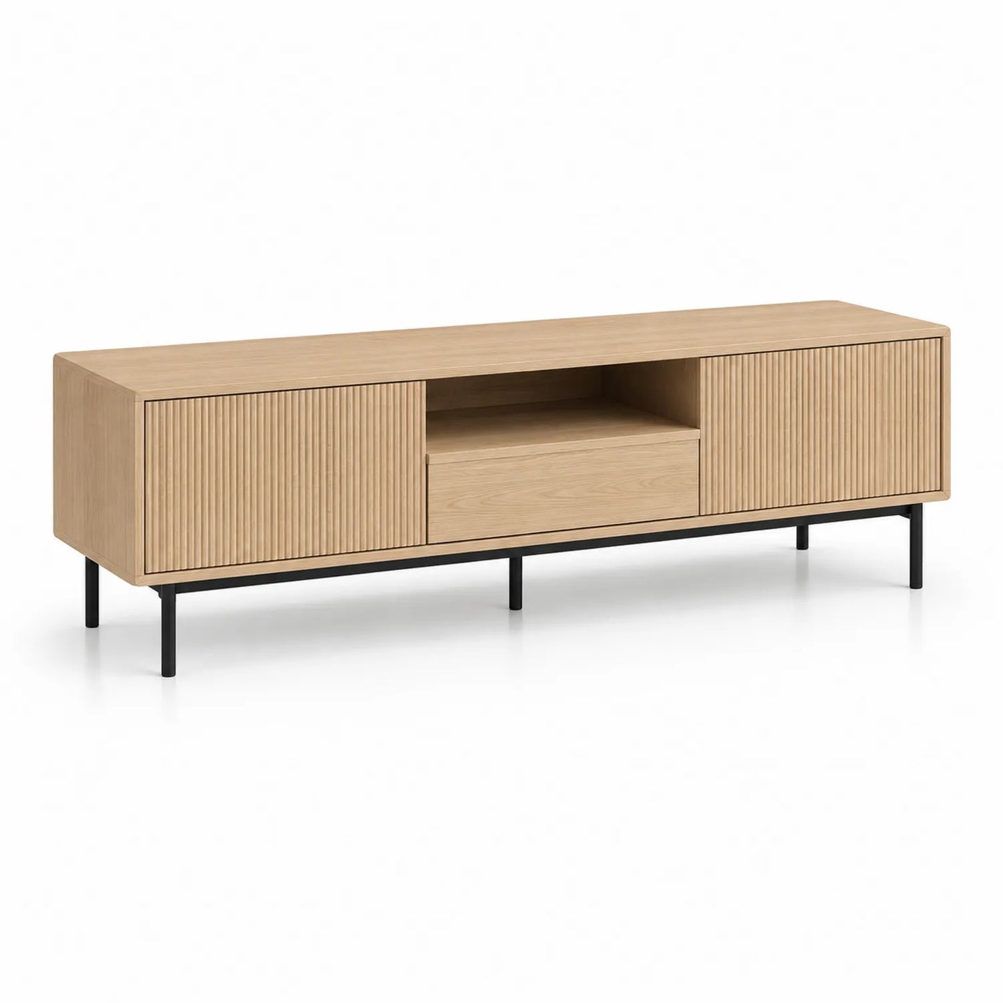 Szafka RTV 180x40x50 cm dąb naturalny ryflowane fronty MDF czarne metalowe nogi półka otwarta