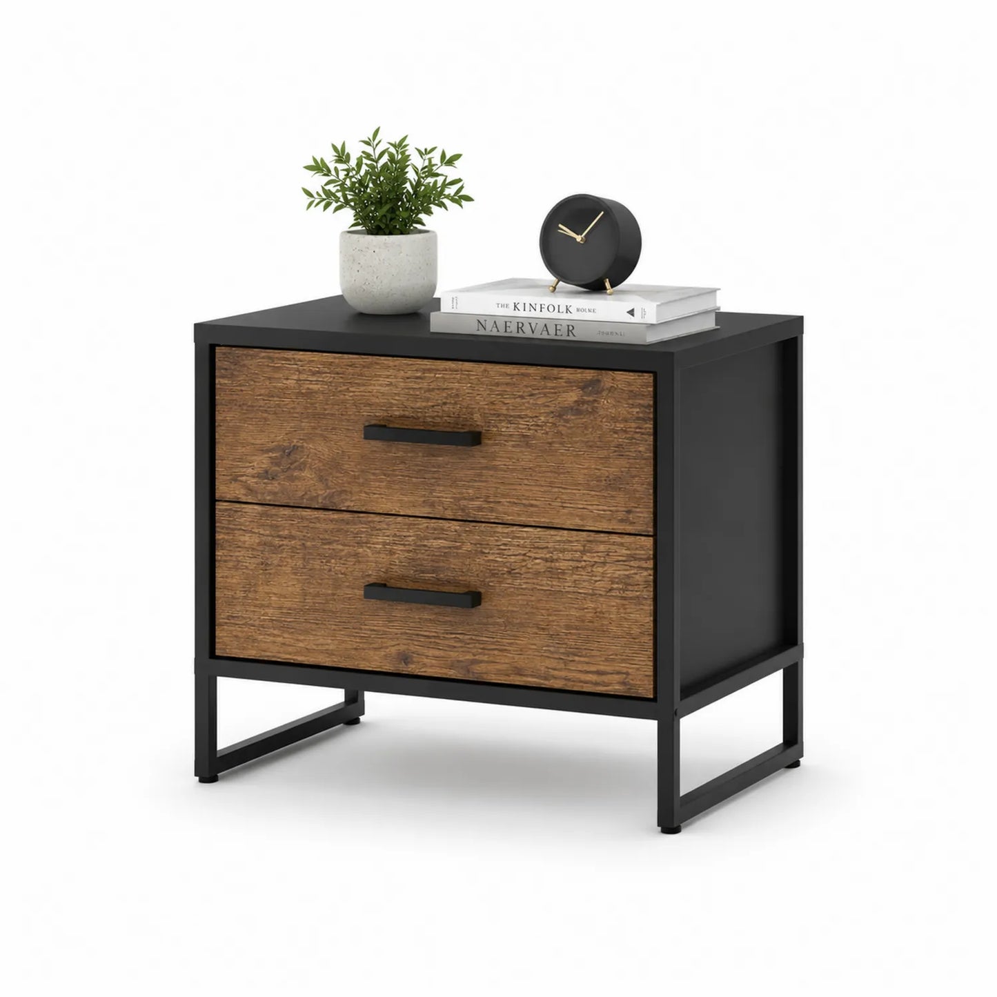 Szafka nocna 45 x 40 x 55 cm metalowa rama stal MDF drewno dekor brązowy czarny 2 szuflady nowoczesna