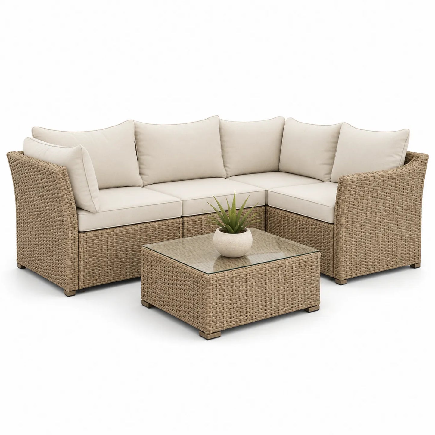 Zestaw mebli ogrodowych sofa narożna 240 cm x 180 cm x 70 cm technorattan PE aluminiowa rama beżowy stolik kawowy ze szkłem hartowanym