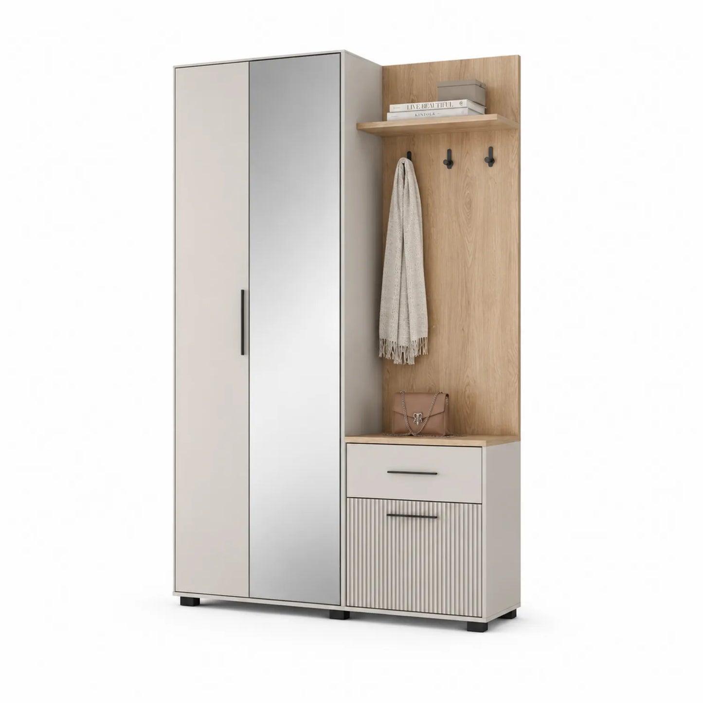 Zestaw do przedpokoju 120 cm x 40 cm x 200 cm MDF laminowany z lustrem wieszakiem i szafką stojący beżowy dąb naturalny biały czarny