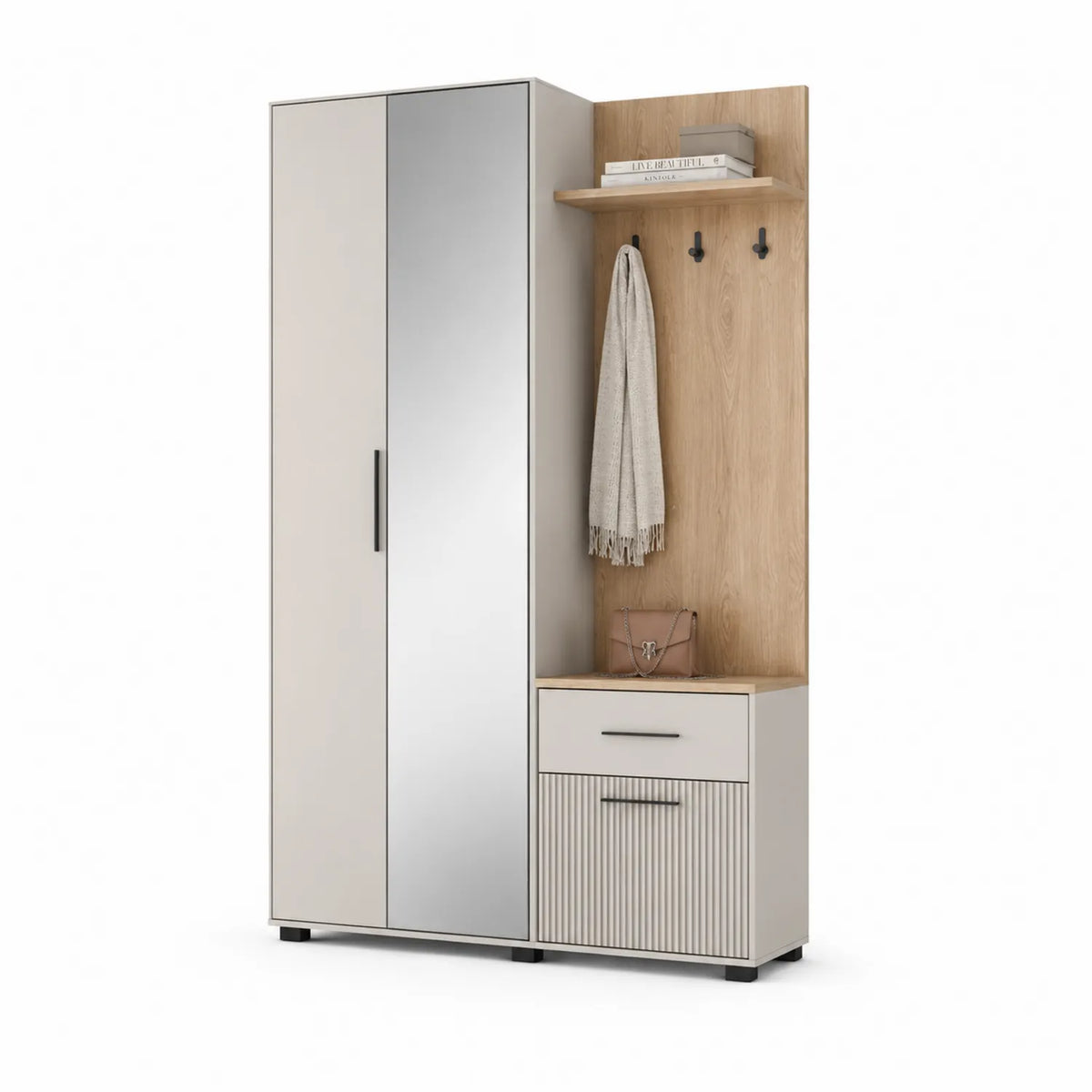 Zestaw do przedpokoju 120 cm x 40 cm x 200 cm MDF laminowany z lustrem wieszakiem i szafką stojący beżowy dąb naturalny biały czarny