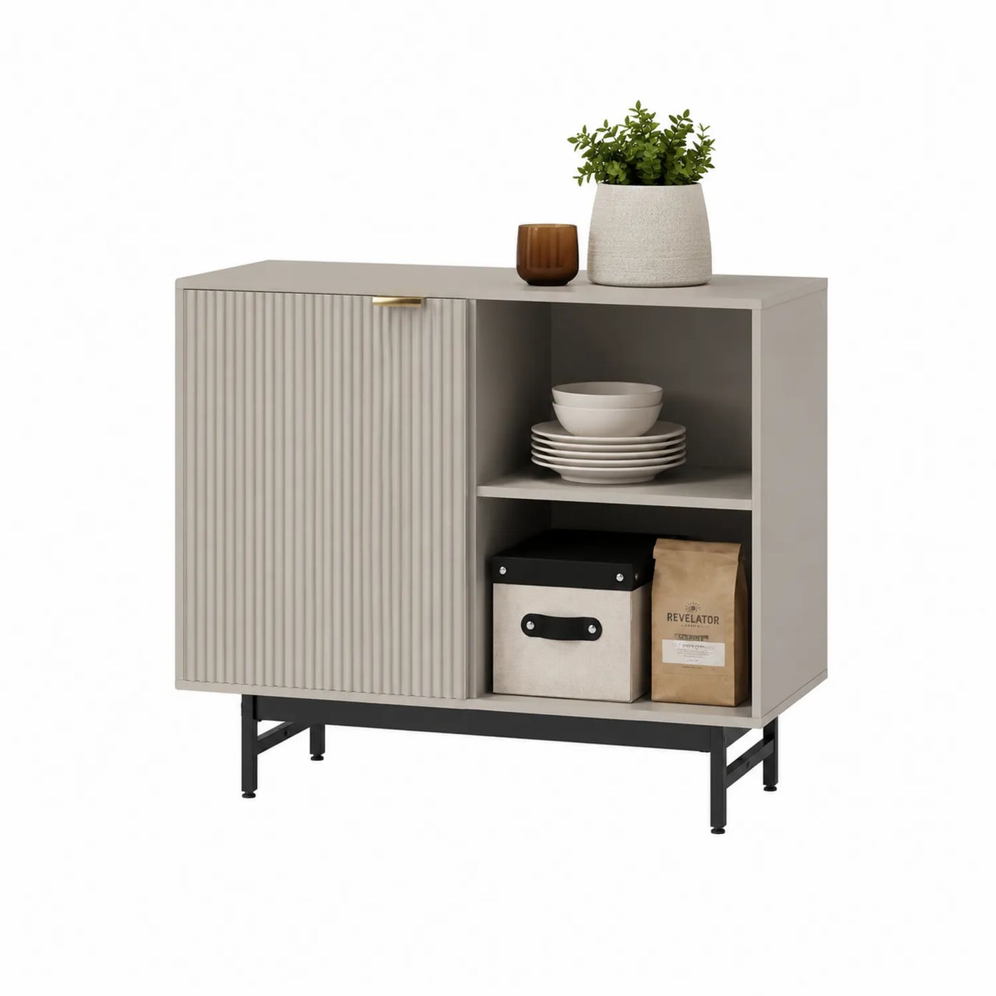 Kredens do jadalni prostokątny 120 x 40 x 85 cm z laminowanej płyty MDF z ryflowanym frontem szarobeżowy