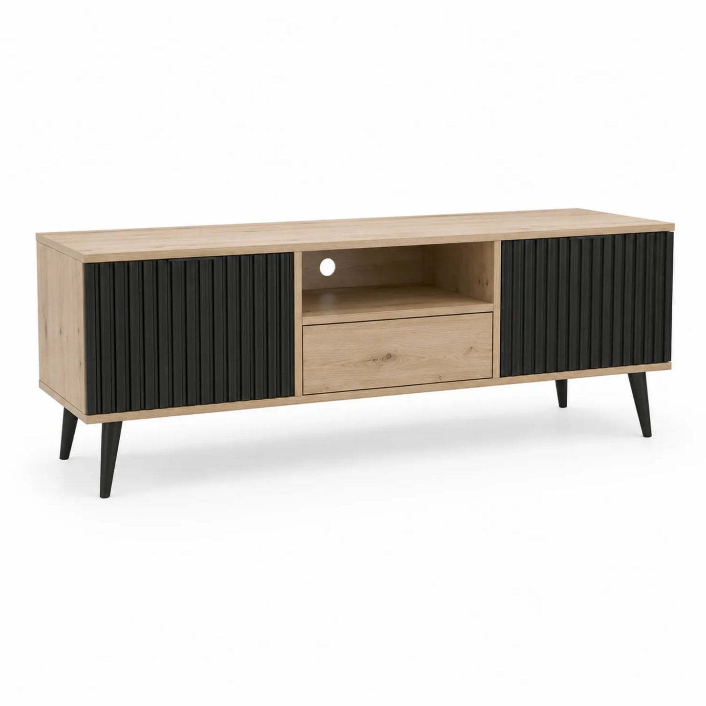 Szafka RTV 180 cm x 40 cm x 50 cm MDF czarna ryflowane fronty 2 drzwi 1 szuflada otwarta półka metalowe nogi