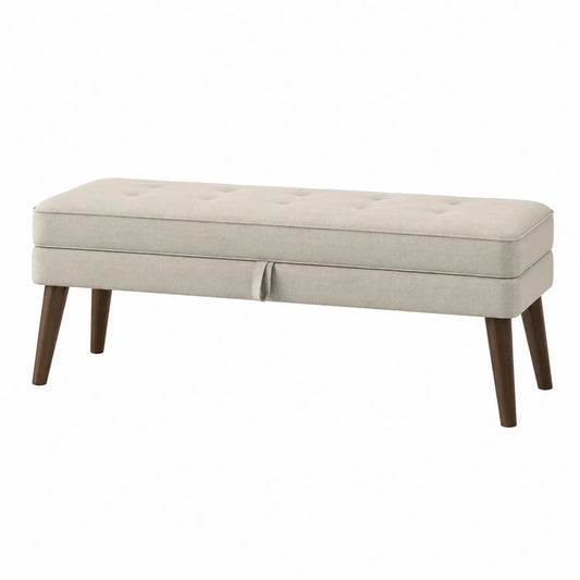 Ławka tapicerowana ze schowkiem 120 cm x 40 cm x 45 cm tkanina poliestrowa prostokątna beżowa pikowane siedzisko drewniane nogi