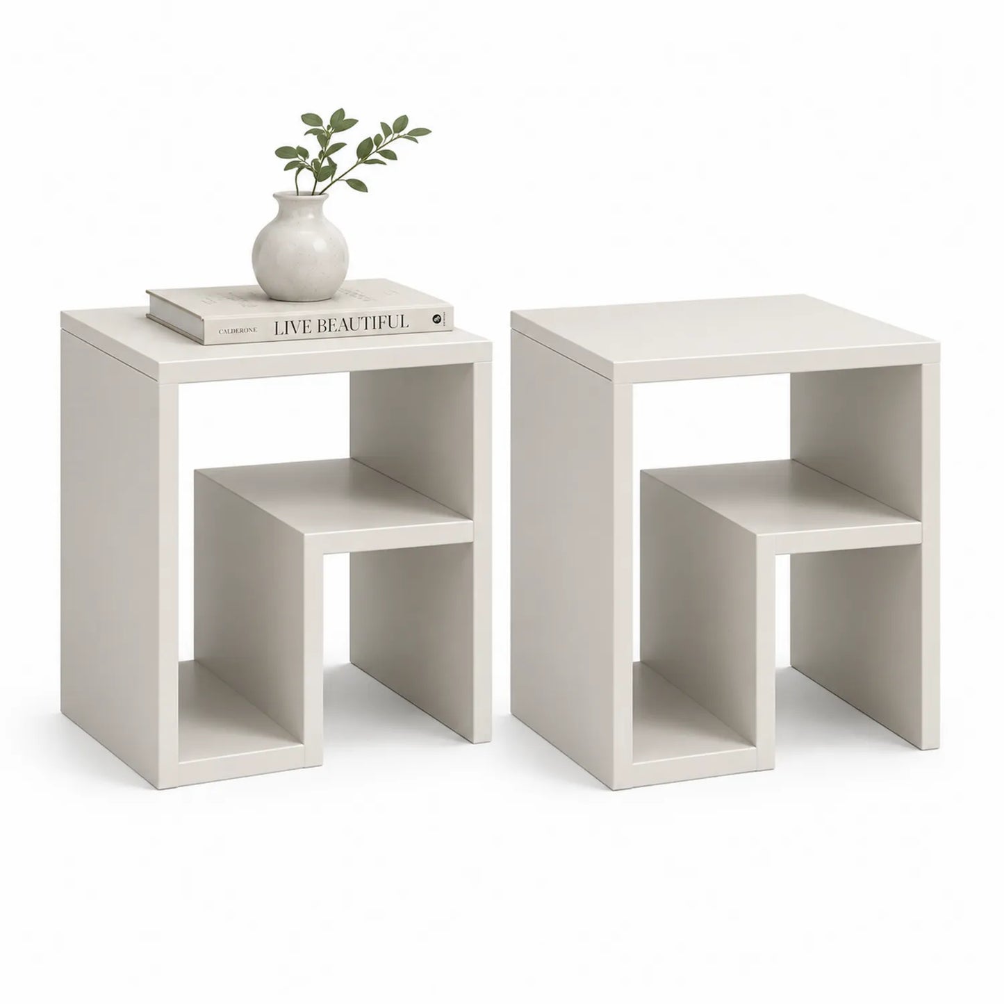 Zestaw 2 stolików nocnych MDF biały beżowy minimalistyczne szafki nocne z półką