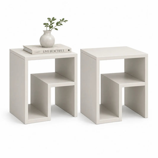 Zestaw 2 stolików nocnych MDF biały beżowy minimalistyczne szafki nocne z półką