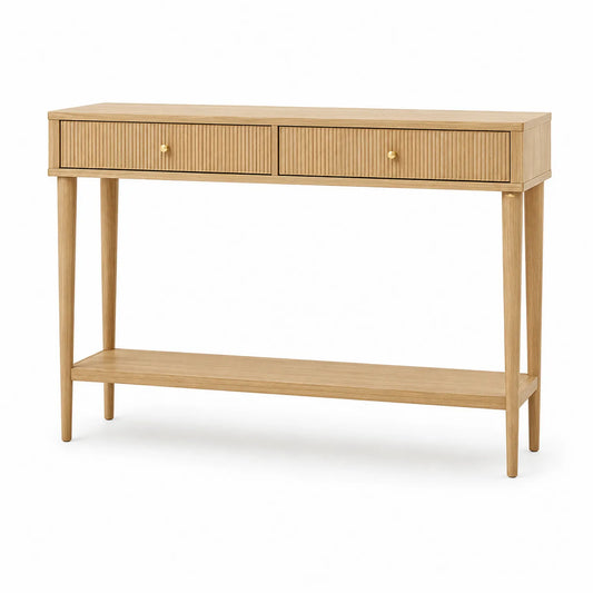 Konsola do przedpokoju 120 cm x 30 cm x 80 cm MDF laminowany dąb naturalny dwie szuflady nogi z drewna sosnowego litego kolor dąb naturalny