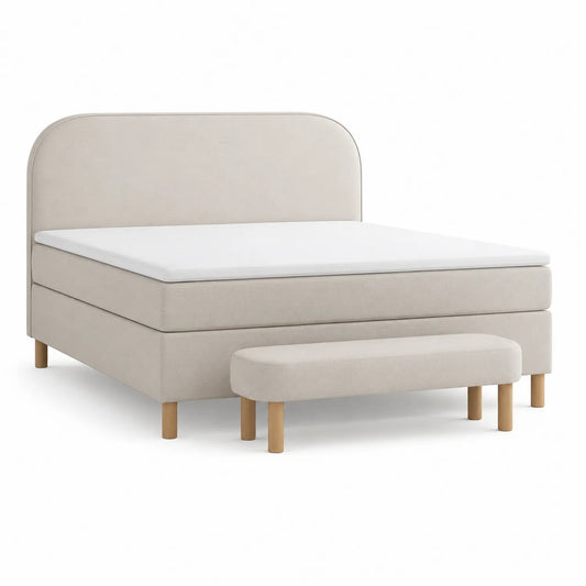 Łóżko tapicerowane z ławką 160 cm x 200 cm MDF tkanina poliestrowa prostokątne beżowe zaokrąglony zagłówek drewniane nogi