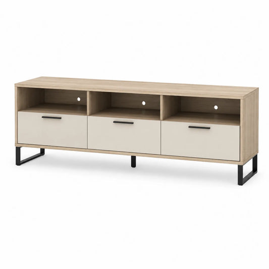 Szafka RTV 180x40x50 cm dąb jasny beżowa 3 szuflady 3 przegrody czarne metalowe nogi