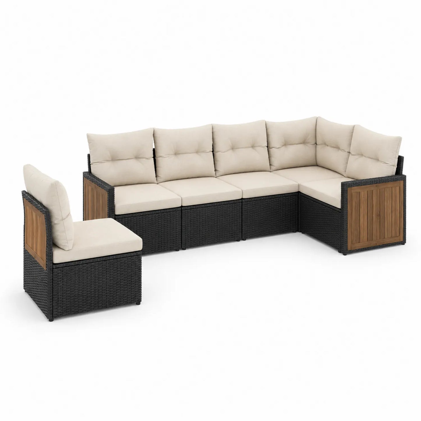 Zestaw modułowych sof ogrodowych narożnych 240 x 180 x 70 cm technorattan PE czarny poduszki beżowe panele akacjowe