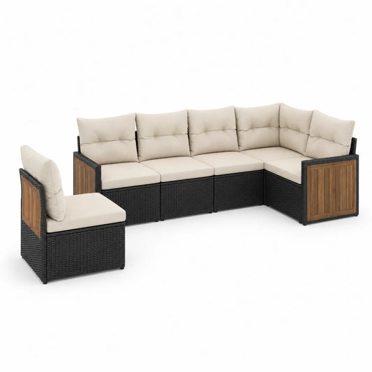 Zestaw modułowych sof ogrodowych narożnych 240 x 180 x 70 cm technorattan PE czarny poduszki beżowe panele akacjowe