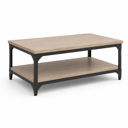 Stolik kawowy 110 cm x 60 cm x 45 cm płyta MDF dekor drewna czarna metalowa rama dwupoziomowy prostokątny