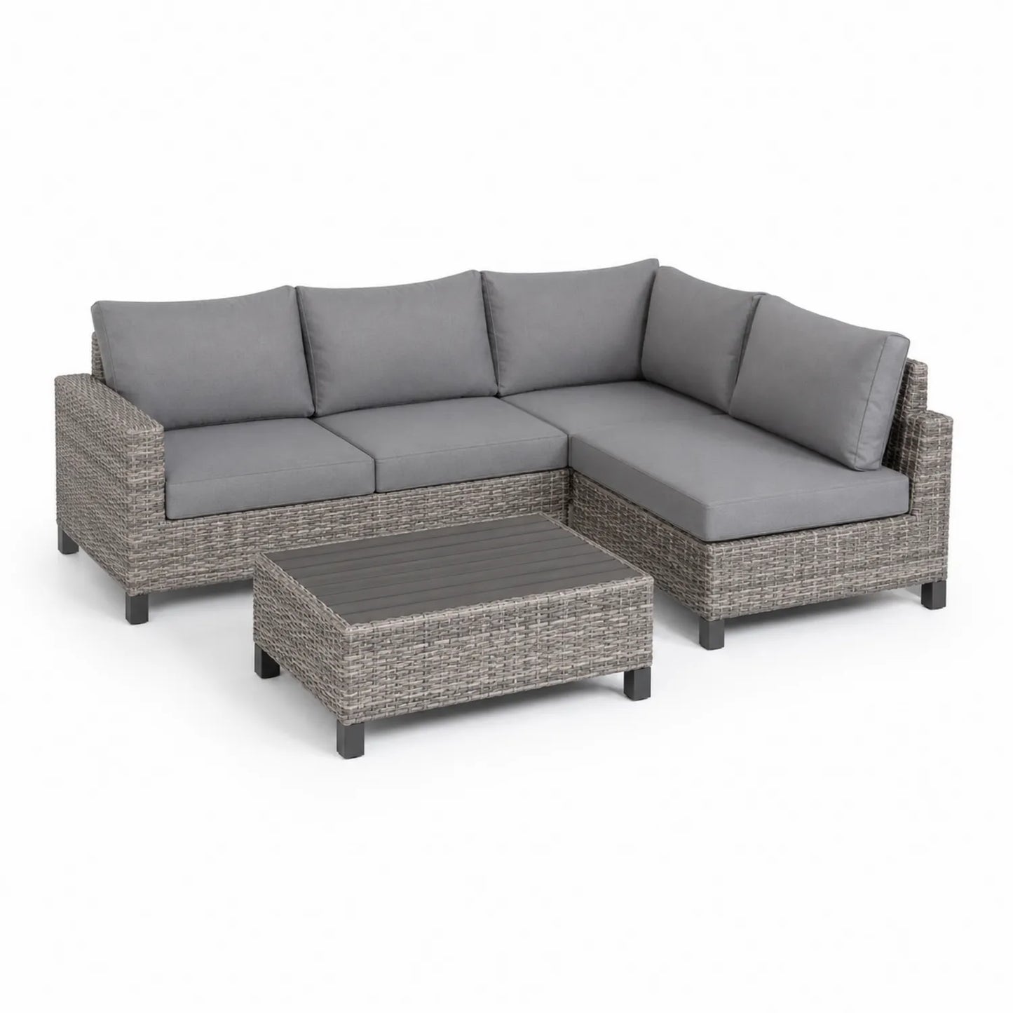 Zestaw mebli ogrodowych sofa narożna L z technorattanu 3 elementy 220 cm x 150 cm x 70 cm szary jasnoszary beżowy z stolikiem