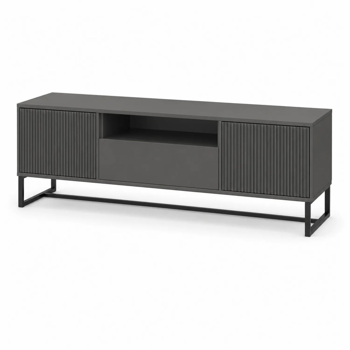 Szafka RTV 180 cm ciemnoszara MDF ryflowane fronty metalowa rama półka środkowa nowoczesna