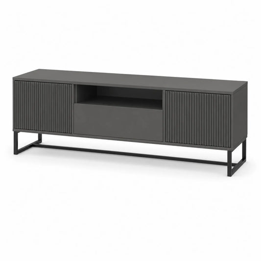 Szafka RTV 180 cm ciemnoszara MDF ryflowane fronty metalowa rama półka środkowa nowoczesna