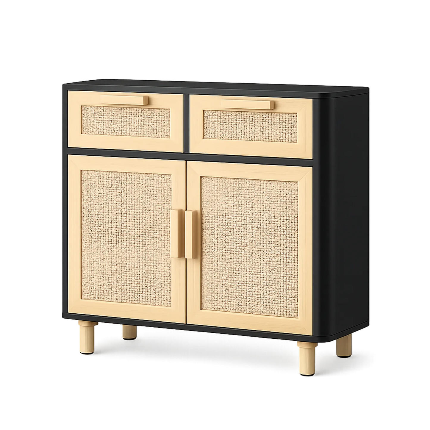 Kredens do jadalni 120 cm x 40 cm x 80 cm czarny beżowy MDF fronty rattanowe PE 2 drzwi 2 szuflady złote nogi